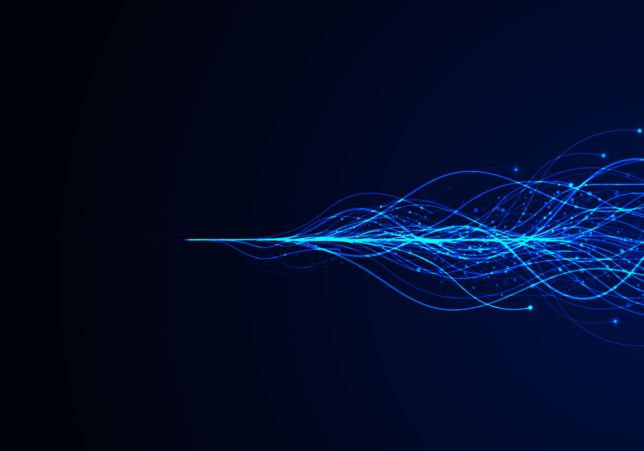 Dark blue and black thematic depiction of data streams merging