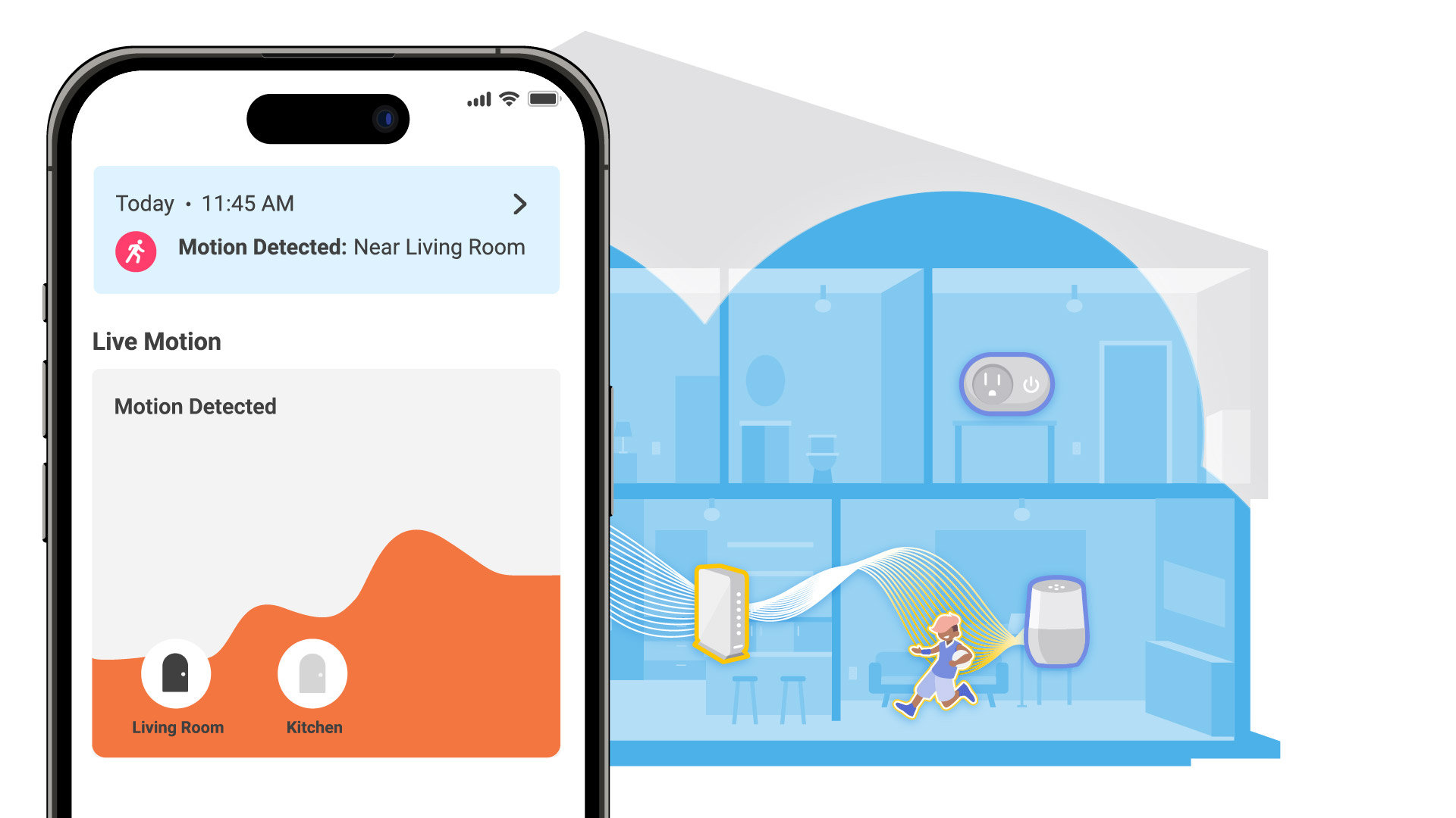 Graphic is showing an example of an in-app notification and live motion screen for a sample Wi-Fi Sensing app demonstrating the system can identify which room motion is happening in - in this case that's the living room