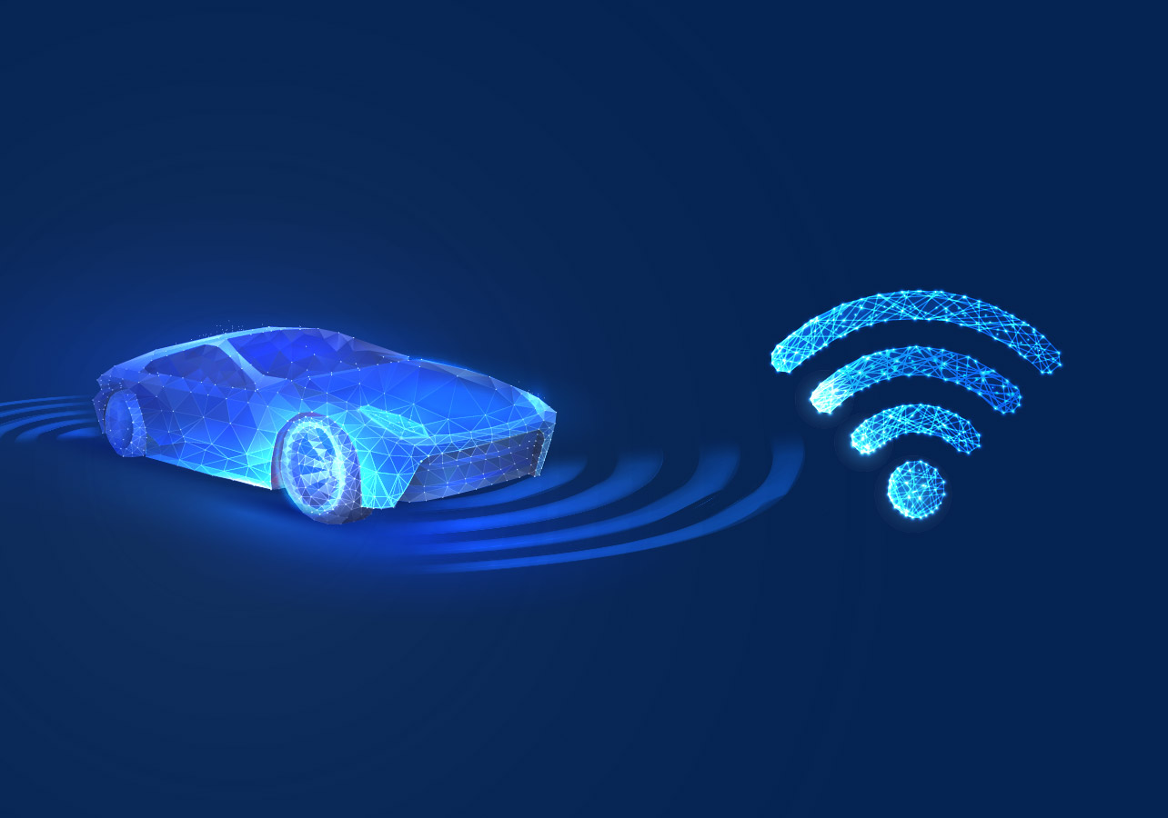 Futuristic rendering of a car with signal waves emanating form it next to the Wi-Fi symbol