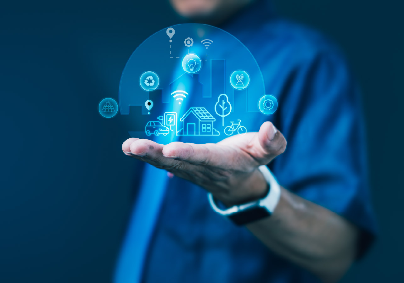 BlogSocialPosts_Nov2025_CC_HomeSecurity_BlogHeader Man in a dress shirt and tie holding his hand up. A computer generated image of a smart home ecosystem appears to be floating in his hand